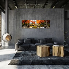 Obraz - Wodospady w jesiennym krajobrazie, pomarańczowy (170x50 cm)