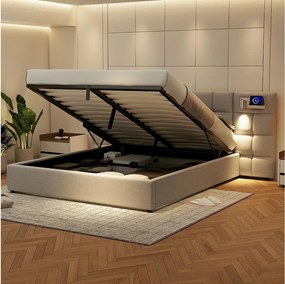 Łóżko z pojemnikiem 180 x 200 cm - z zagłówkiem, USB, stelażem - lniane - szare - bez materaca