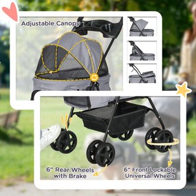 PawHut Wózek dla psa, składany, z oknem z siatki, zdejmowany dach, uchwyt na kubek, koszyk na dole, metalowa rama, szary, 67 x 45 x 96 cm