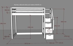 Łóżko na antresoli Marulla 117A ze schodami, barierkami i szufladkami