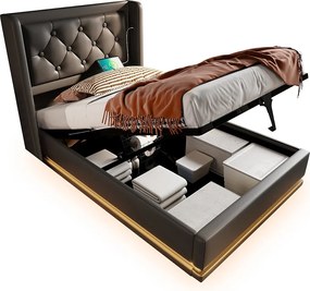 Łóżko tapicerowane 90 x 200 cm z ekoskóry - z funkcją ładowania i LED u stóp łóżka - Czarne