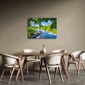 Obraz letniej rzeki z łodzią (70x50 cm)