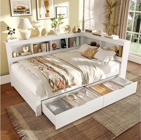 Łóżko dzienne 140x200 cm, łóżko dziecięce z 2 szufladami i półką, 2 porty USB – białe (bez materaca)