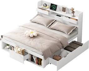 Łóżko dwuosobowe z drewna 140x200 cm - z portem ładowania i wielofunkcyjnymi schowkami - Białe