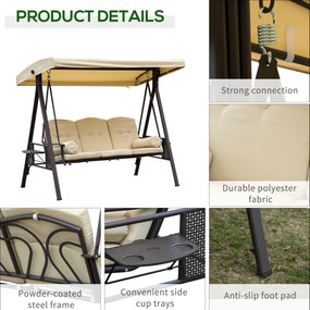 Huśtawka ogrodowa Outsunny 3-osobowa z dachem, beżowo-brązowa, 121×208×172 cm