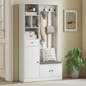 HOMCOM Szafa garderobiana 180 cm z wieszakiem, ławką na buty, 4 haczykami, otwartymi półkami, MDF, Biały
