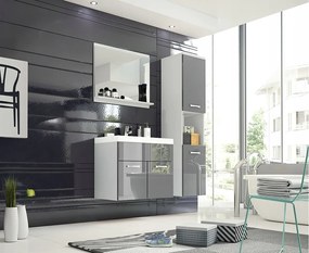 Zestaw mebli łazienkowych, komplet wiszący z umywalką, lustrem i słupkiem, korpus biały fronty szary połysk