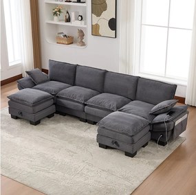Zestaw wypoczynkowy z tkaniny sztruksowej dla 4 osób - 330 x 132 x 84 cm - z 2 pufami ze schowkiem + port USB + kieszenie - ciemnoszary