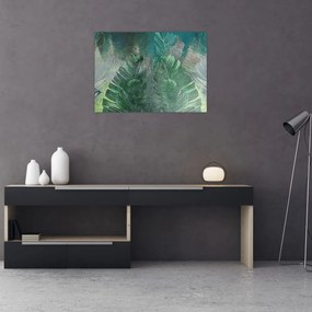Obraz na szkle - Tekstura betonu z liśćmi (70x50 cm)