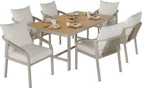 Zestaw jadalniany ogrodowy na 6 osoby - 6 fotele - 1 stół - konstrukcja z żelaza ocynkowanego - z plecionego sznurka - z tworzywa drewnopodobnego, Khaki i beżowy