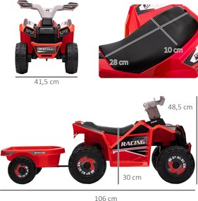 HOMCOM Elektryczny Quad dla Dzieci z Przyczepką, 2,5 km/h, do 50 Minut Jazdy, dla Dzieci 1,5-3 Lata, do 25 kg, Czerwony