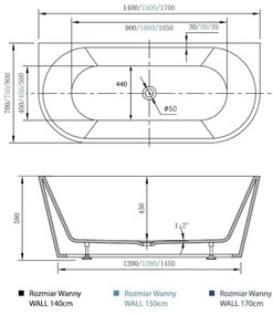 Wanna wolnostojąca przyścienna biała akrylowa WALL 170 x 75 cm z przelewem chromowanym | Możliwa opcja Go Color : Wybierz swój kolor - biały