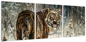 Obraz - Tygrys w zaśnieżonym lesie, obraz olejny (z zegarem) (90x30 cm)