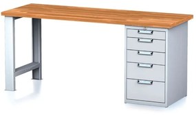 Stół warsztatowy MECHANIC, 2000x685x880 mm, 1x szufladowy kontener, 5 szuflad, szary/szary