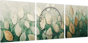 Obraz - Złoto-zielone liście (z zegarem) (90x30 cm)