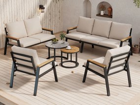 Zestaw mebli ogrodowych - 1 sofa trzyosobowa, 1 sofa dwuosobowa, 2 fotele i 2 stoliki kawowe - Stal ocynkowana - Szaro-beżowy