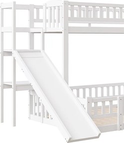Łóżko piętrowe 90x200cm i 140x200cm z drewna - ze zjeżdżalnią + barierki - białe