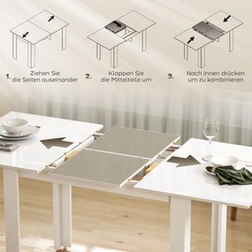 HOMCOM Rozkładany stół jadalniany 120-160 x 70 cm, regulowany stół kuchenny dla 4-6 osób, MDF, biały wysoki połysk