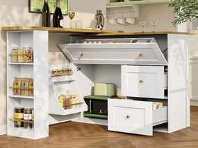 Nowoczesny obrotowy barek 360° - 204×39×105 cm - 2 szuflady i 2 drzwi - z bocznymi półkami - rozsuwany stół - biały