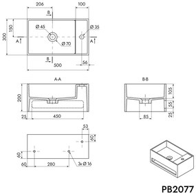 Umywalka ścienna z odlewu mineralnego PB2077Biały matowy - ze zintegrowanym wieszakiem na ręczniki - 50 x 30 x 20 cm