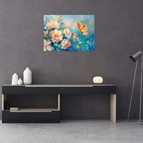 Obraz na szkle - Motyl i kwiaty, obraz olejny II. (70x50 cm)