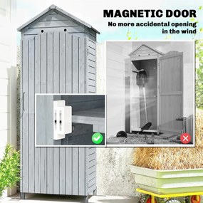 Outsunny Drewniany schowek ogrodowy, wysoki schowek na narzędzia z regulowanymi półkami, magnetyczne drzwi, galwanizowany dach, wentylacja | Aosom PL