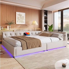 Sofa rozkładana 140x200 cm, beżowy len, łóżko dla dorosłych z oświetleniem LED i portem USB, stelaż z listew - bez materaca