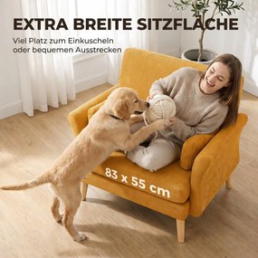 HOMCOM Fotel tapicerowany aksamitem, duży fotel akcentowy z drewnianymi nogami, fotel do czytania do salonu i sypialni, żółty | Aosom PL