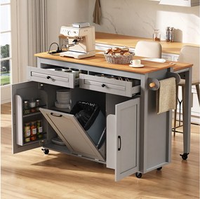 Rozkładana wyspa kuchenna mobilna - 120 x 40/75 x 92 cm - z 3 drzwiami + 2 szufladami - MDF - szara