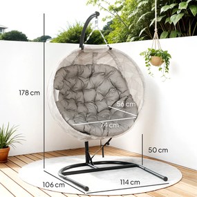 Outsunny Wiszący kosz w kształcie jajka, fotel z funkcją huśtania i składanym koszem, krzesło ogrodowe z uchwytem na kubek, kolor sandbraun