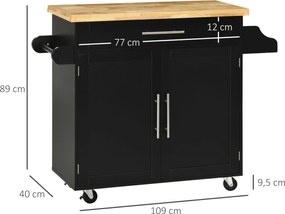 HOMCOM Wózek kuchenny serwisowy Wyspa kuchenna, 1 półka na przyprawy, 1 uchwyt na ręcznik, 109 cm x 40 cm x 89 cm, Czarny