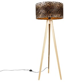 Lampa stojąca trójnóg naturalny z abażurem w panterkę 50 cm - Tripod Classic Oswietlenie wewnetrzne