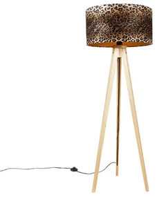 Nowoczesna lampa podłogowa drewno tkanina abażur lampart 50 cm - Tripod Classic Oswietlenie wewnetrzne