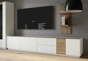 Stojący stolik RTV Lewisville 141 z 3 szafkami i 2 szufladami, Secret Grey/dąb Valencia