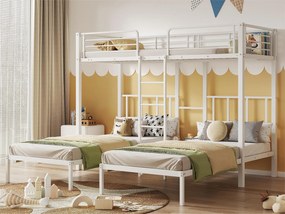 Łóżko piętrowe potrójne 3x90x200cm z drabinką i półką - metalowa rama - Biały