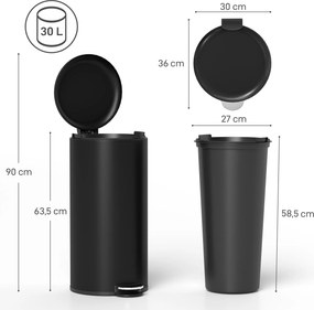 HOMCOM Kosz na śmieci 30 l pedałowy z pokrywą, wkładem wewnętrznym, funkcja miękkiego domyku 36 x 30 x 63,5 cm, czarny | Aosom PL