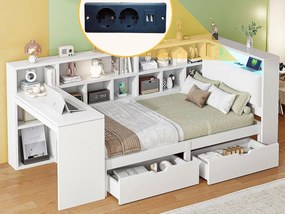 Łóżko dziecięce 90x200cm - z 2 szufladami i stacją ładowania - z kolorowymi światłami LED - białe (bez materaca)