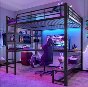 Łóżko piętrowe dla dzieci - 140 x 200 cm - rama żeliwna - z biurkiem + diody LED + USB + Type-C - metal + MDF - czarne