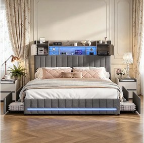 Rama łóżka 160x200 cm szara z 4 szufladami, oświetleniem LED, portami USB, oddychającą tkaniną lnianą i wbudowanym schowkiem