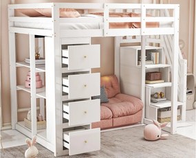 Łóżko mezzanine 140x200cm z litego drewna - z 4 szufladami i schodami do przechowywania - Białe (materac nie jest w zestawie)