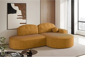 Narożnik z funkcją spania i pojemnikiem Modena Runden, tkanina Poso, Musztardowy, Prawy