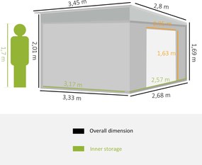 Outsunny Metalowa szopa ogrodowa z pochyłym dachem Przesuwne drzwi Zabezpieczenie narzędzi Szary 28x345x201cm | Aosom PL