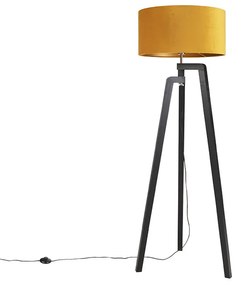 Lampa podłogowa trójnóg czarna klosz welurowy ochra 50cm - PurosWiejski/ Rustykalny / Vintage Oswietlenie wewnetrzne