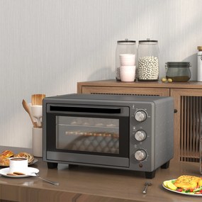 HOMCOM Minipiekarnik, 21 L Piekarnik tosterowy z 1 rusztem i 1 blachą, 3 tryby gotowania, 100 °C-230 °C, Stal nierdzewna, Szkło, Szary