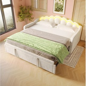 Łóżko wysuwane 90 x 200 cm – sofa rozkładana z oświetleniem LED i podłokietnikami – beżowy aksamit – bez materaca