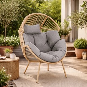 Fotel ogrodowy kokon Zafira technorattan, boho, szara poduszka