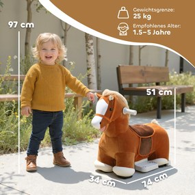 AIYAPLAY Jeździk w kształcie konia dla dzieci, miękkie obicie, zasilanie bateryjne, muzyka, kółka, 1,5-5 lat, Brązowy