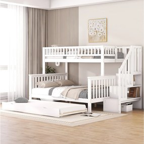 Łóżko piętrowe z łóżkiem wysuwanym dla 3 osób - 90 x 200 cm + 140 x 200 cm - schody i półki - sosna i MDF - białe