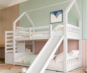 Łóżko piętrowe 90x200cm z drewna - z barierkami + schodami do przechowywania + zjeżdżalnią - Białe