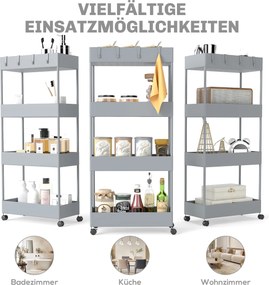 Wózek kuchenny HOMCOM z 4 półkami, 4 elastycznymi hakami, na kółkach, 40 x 19 x 90 cm, wózek do wnęki, szary